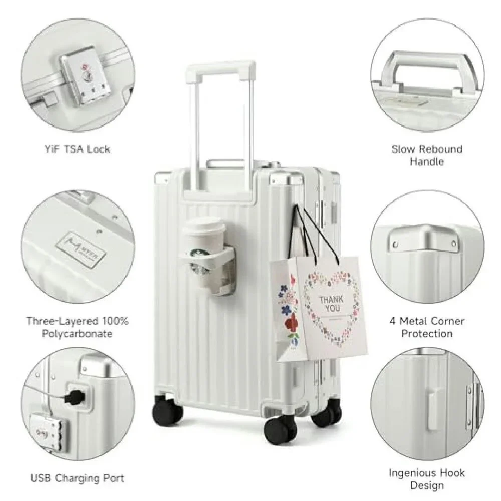 20 Inch Hard Shell Carry-On Luggage with USB Port & Cup Holder